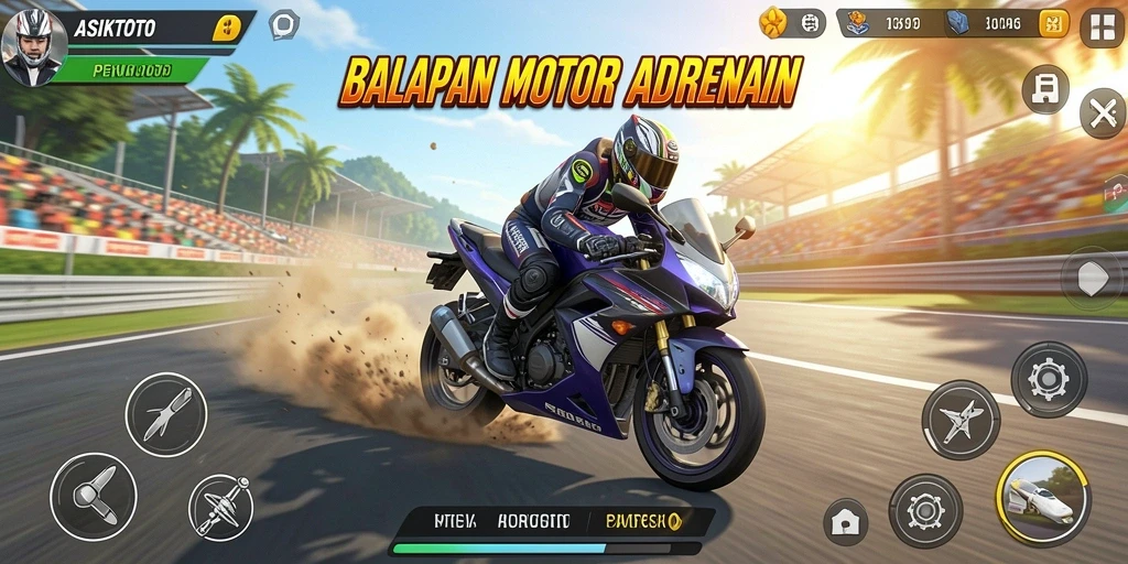 Tampilan gameplay ASIKTOTO dengan motor balap yang cepat.