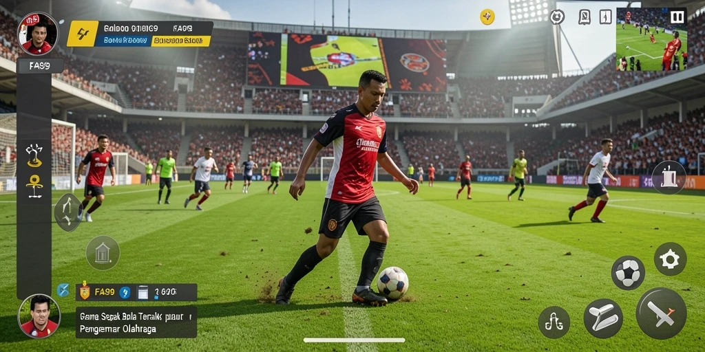 Tangkapan layar utama FA99 menampilkan aksi seru pertandingan sepak bola.