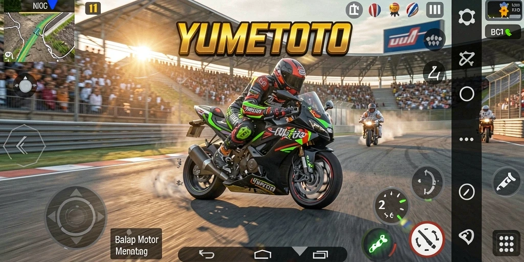 Gameplay mendebarkan di YUMETOTO dengan balapan motor yang nyata.